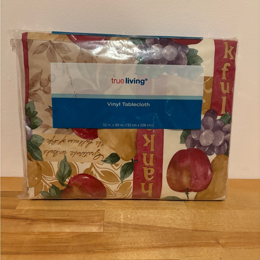 True Living Vinyl Table Cloth Thanksgiving Fruits 52 x 90